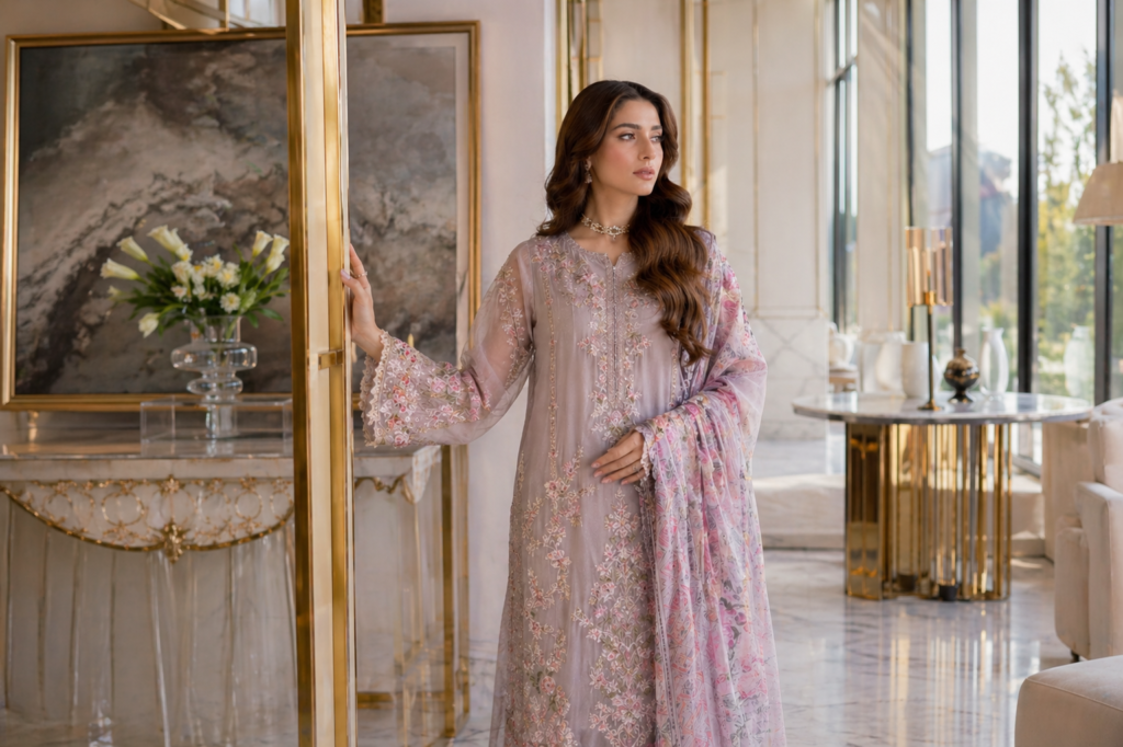 Elegant Pakistani model wearing a pastel luxury lawn outfit from the 2026 designer collection in a premium indoor setting