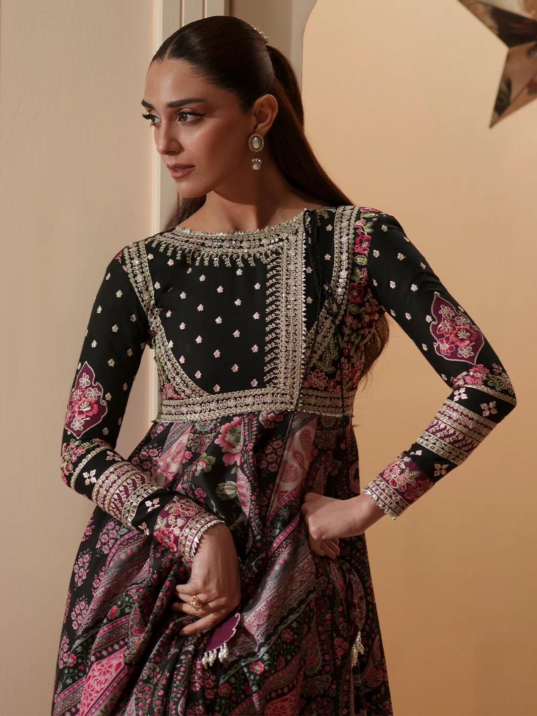 Bin Ilyas Dress black embroidered 3 piece formal suit with floral embroidery