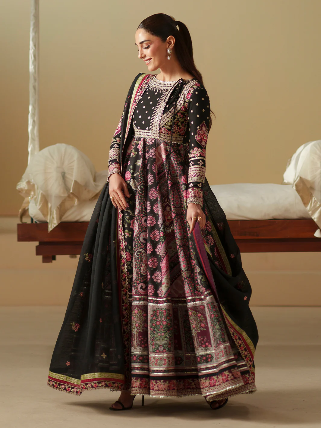 Bin Ilyas Dress black embroidered 3 piece formal suit with floral embroidery
