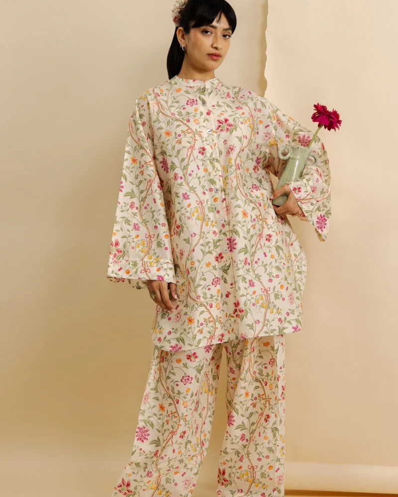 ZAHA floral printed co ord set for women with matching wide leg trousers