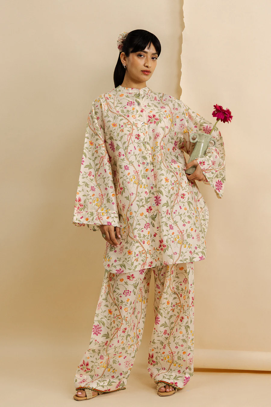 ZAHA floral printed co ord set for women with matching wide leg trousers