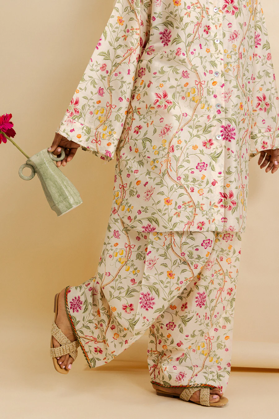 ZAHA floral printed co ord set for women with matching wide leg trousers