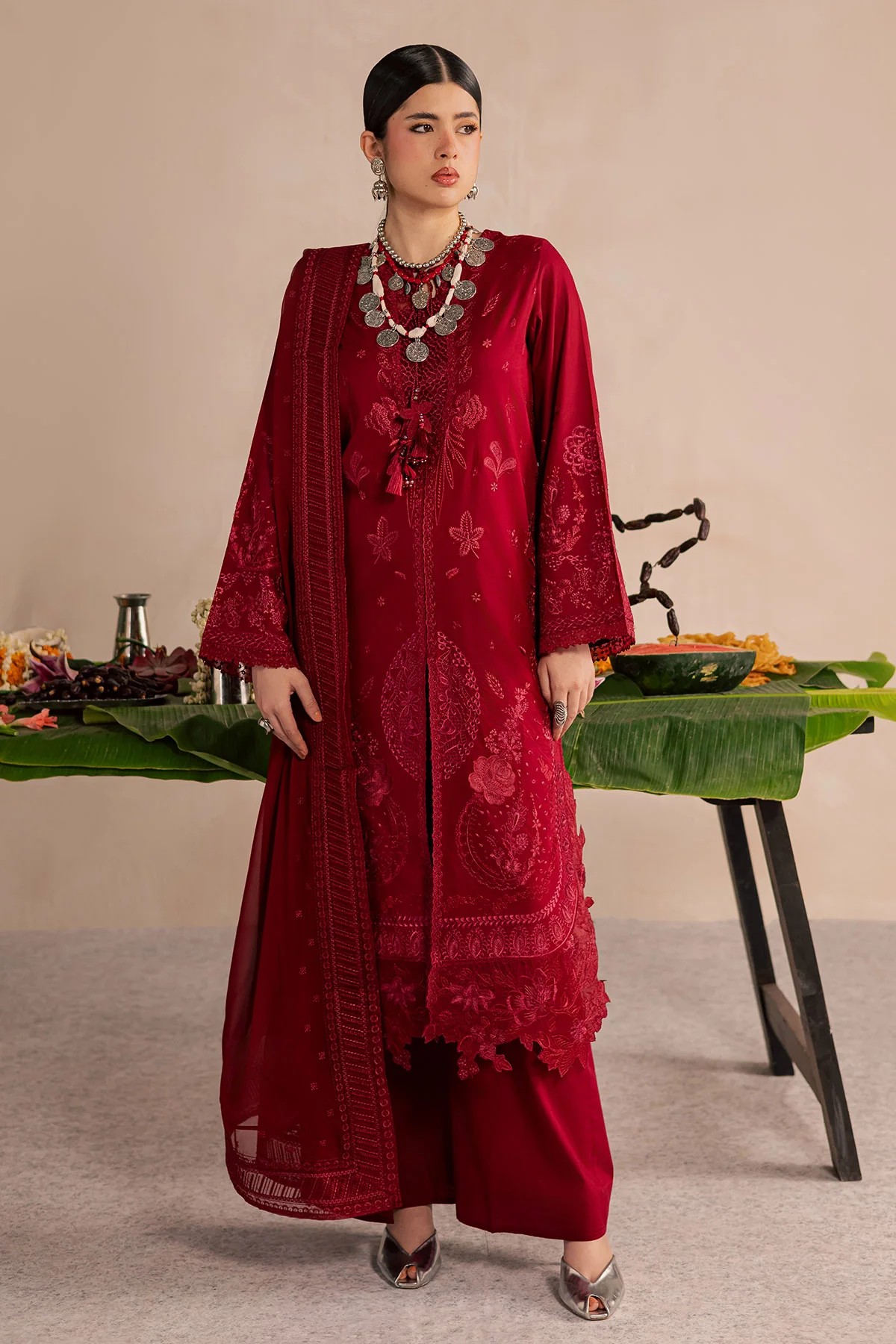 Maroon Embroidered Lawn Suit for women with luxury Pakistani festive embroidery