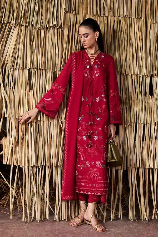 Suffuse crimson red embroidered 3 piece suit for women