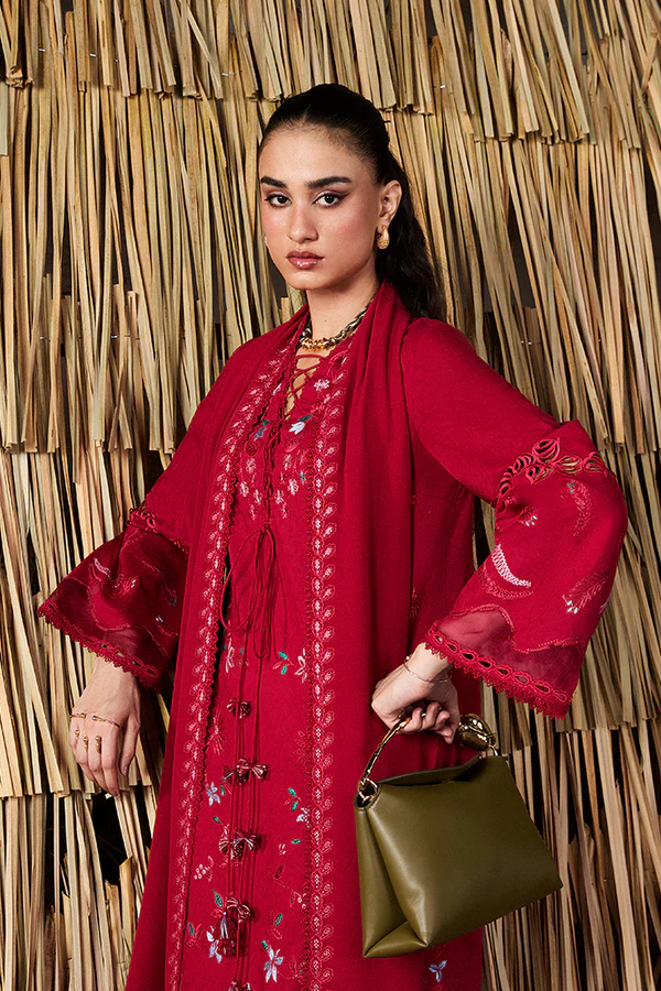 Suffuse crimson red embroidered 3 piece suit for women
