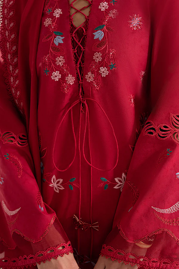 Suffuse crimson red embroidered 3 piece suit for women