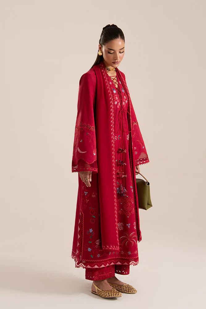 Suffuse crimson red embroidered 3 piece suit for women