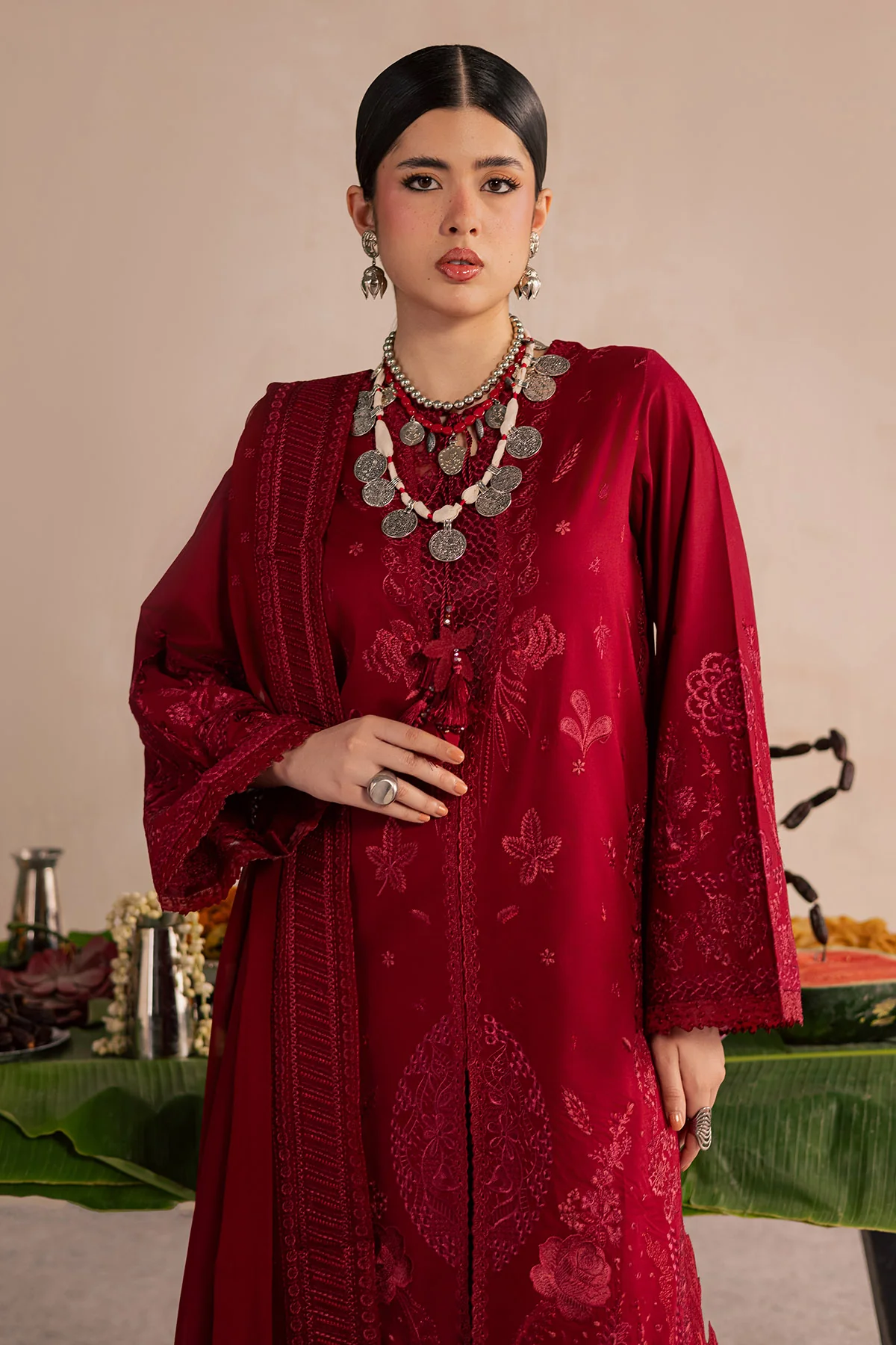 Maroon Embroidered Lawn Suit for women with luxury Pakistani festive embroidery