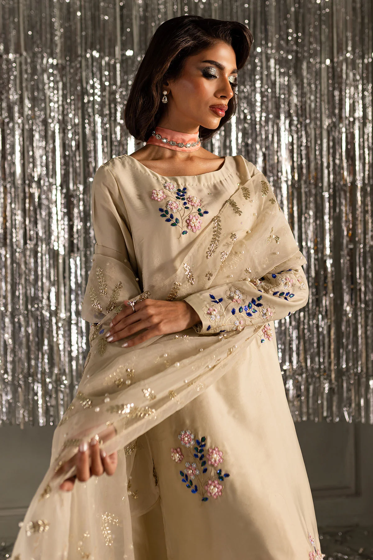 Beige Embroidered Lawn Suit for women with luxury Pakistani floral embroidery