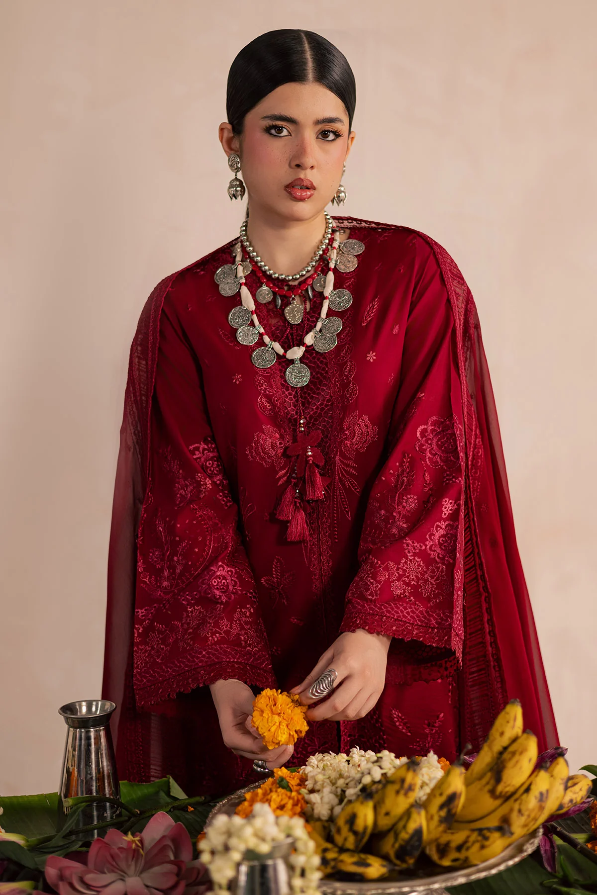 Maroon Embroidered Lawn Suit for women with luxury Pakistani festive embroidery