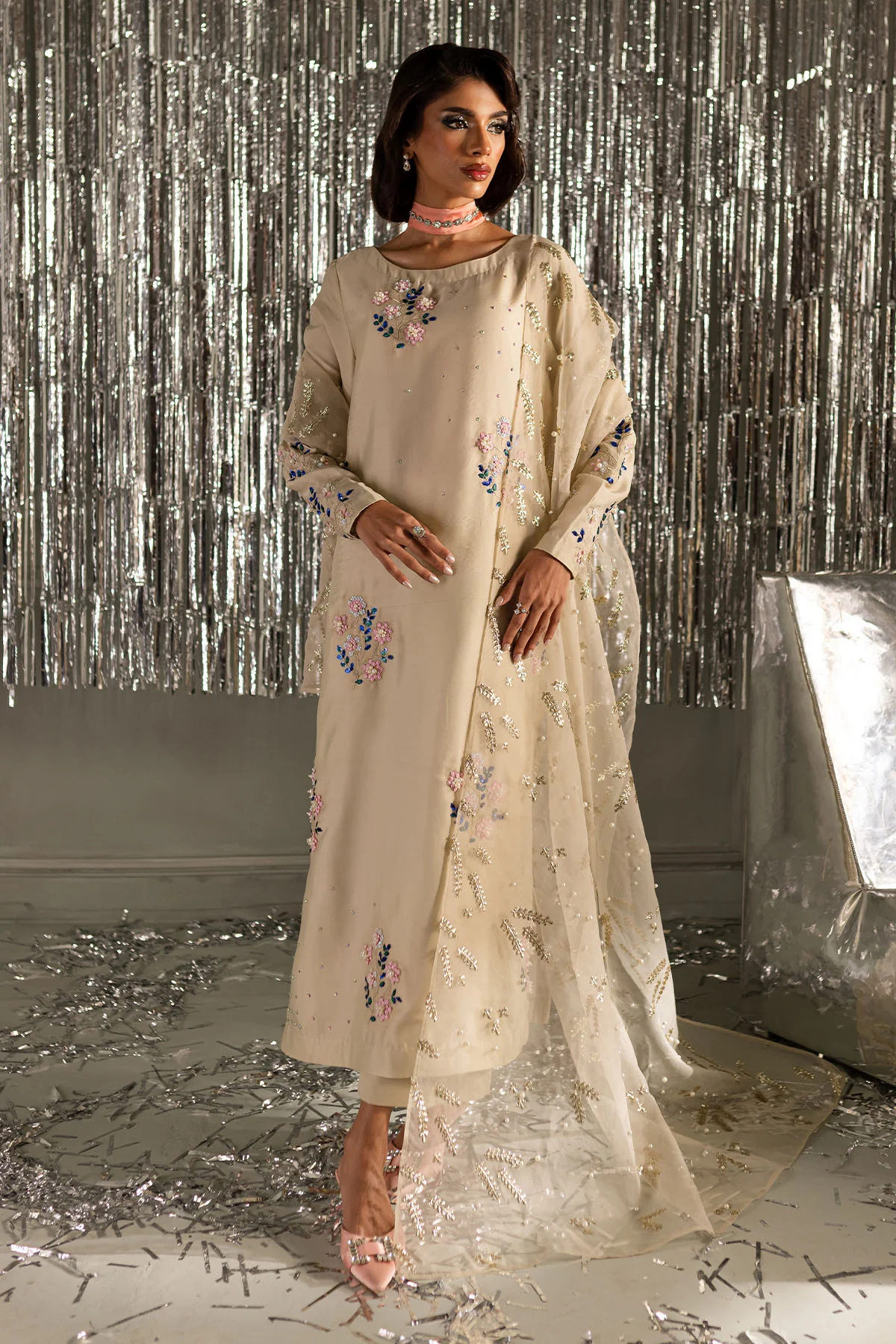 Beige Embroidered Lawn Suit for women with luxury Pakistani floral embroidery