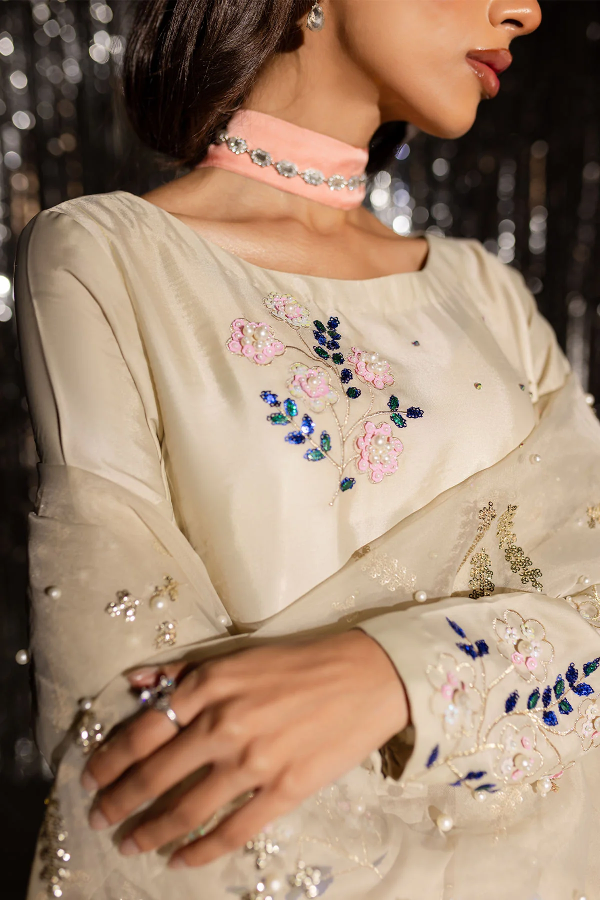 Beige Embroidered Lawn Suit for women with luxury Pakistani floral embroidery