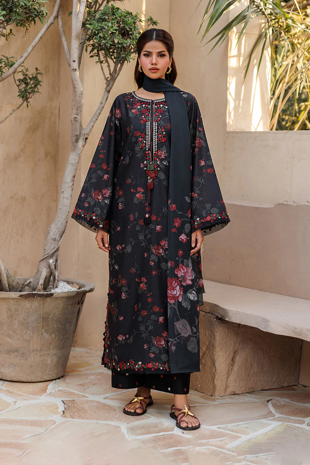 IZNIK Black Floral Printed 3 Piece Suit for women featuring elegant red floral patterns and matching dupatta