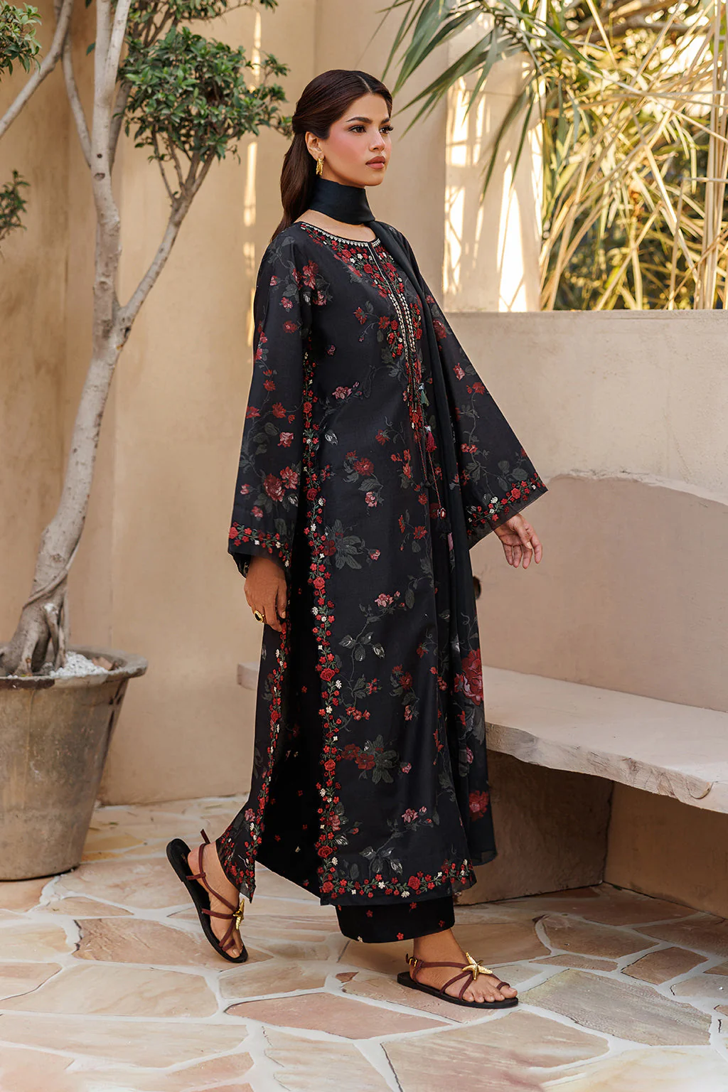 IZNIK Black Floral Printed 3 Piece Suit for women featuring elegant red floral patterns and matching dupatta