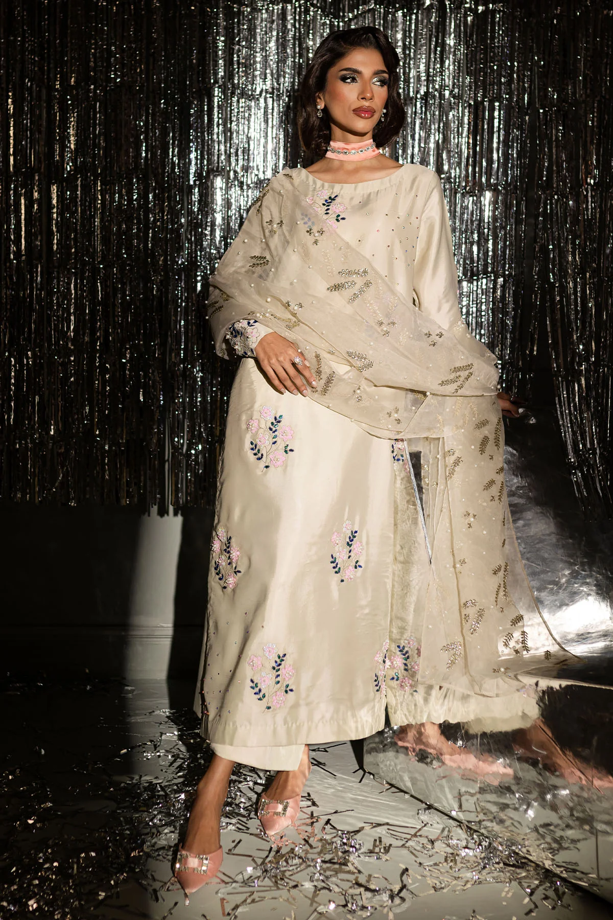 Beige Embroidered Lawn Suit for women with luxury Pakistani floral embroidery