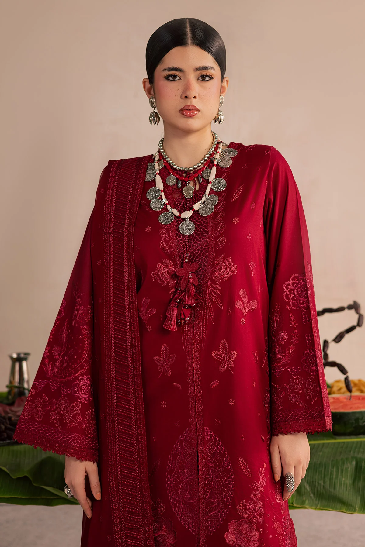 Maroon Embroidered Lawn Suit for women with luxury Pakistani festive embroidery