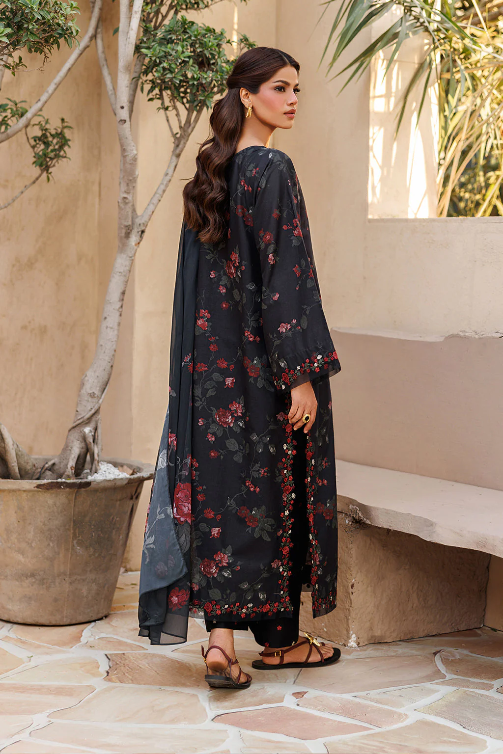 IZNIK Black Floral Printed 3 Piece Suit for women featuring elegant red floral patterns and matching dupatta