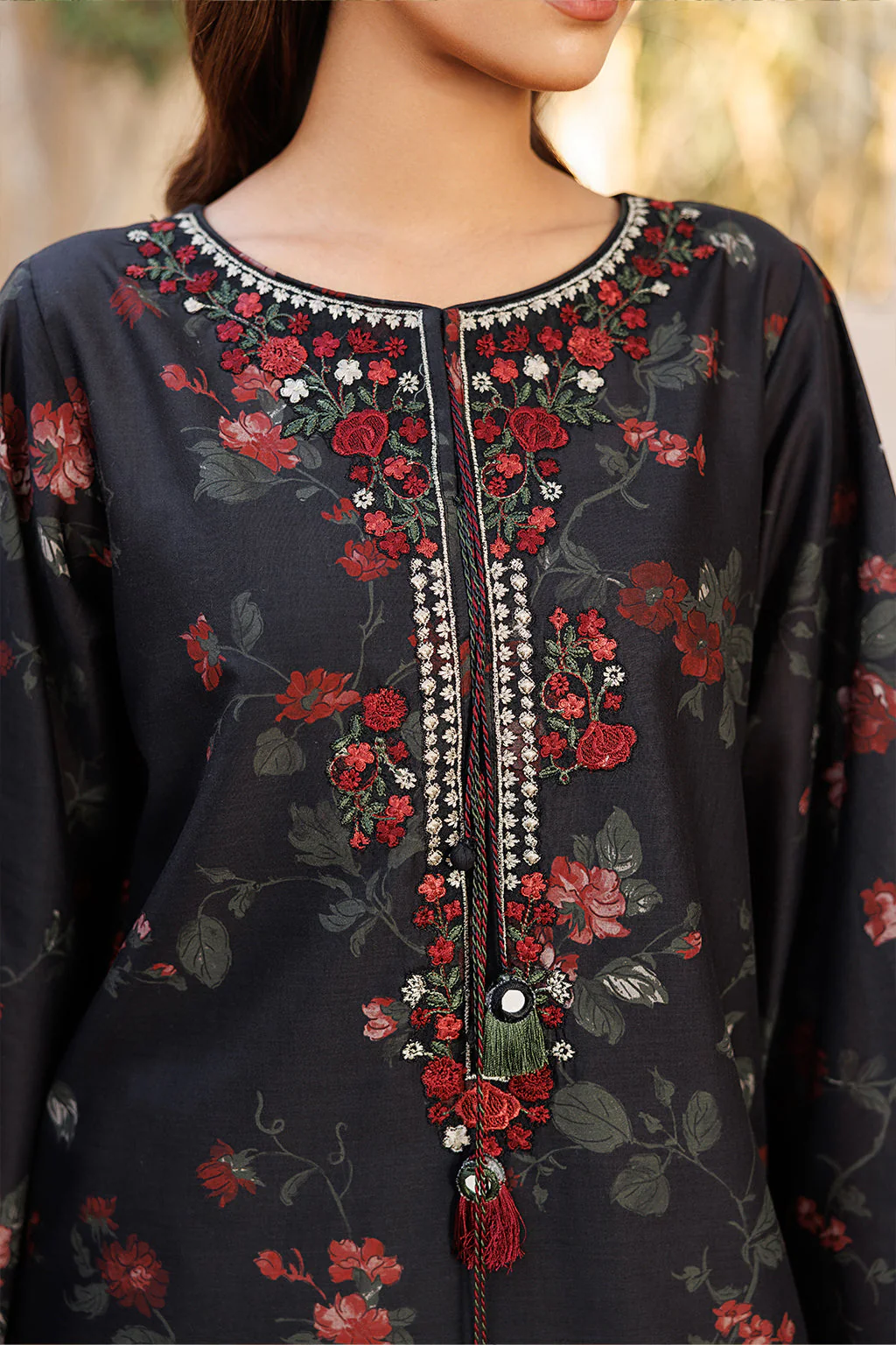 IZNIK Black Floral Printed 3 Piece Suit for women featuring elegant red floral patterns and matching dupatta