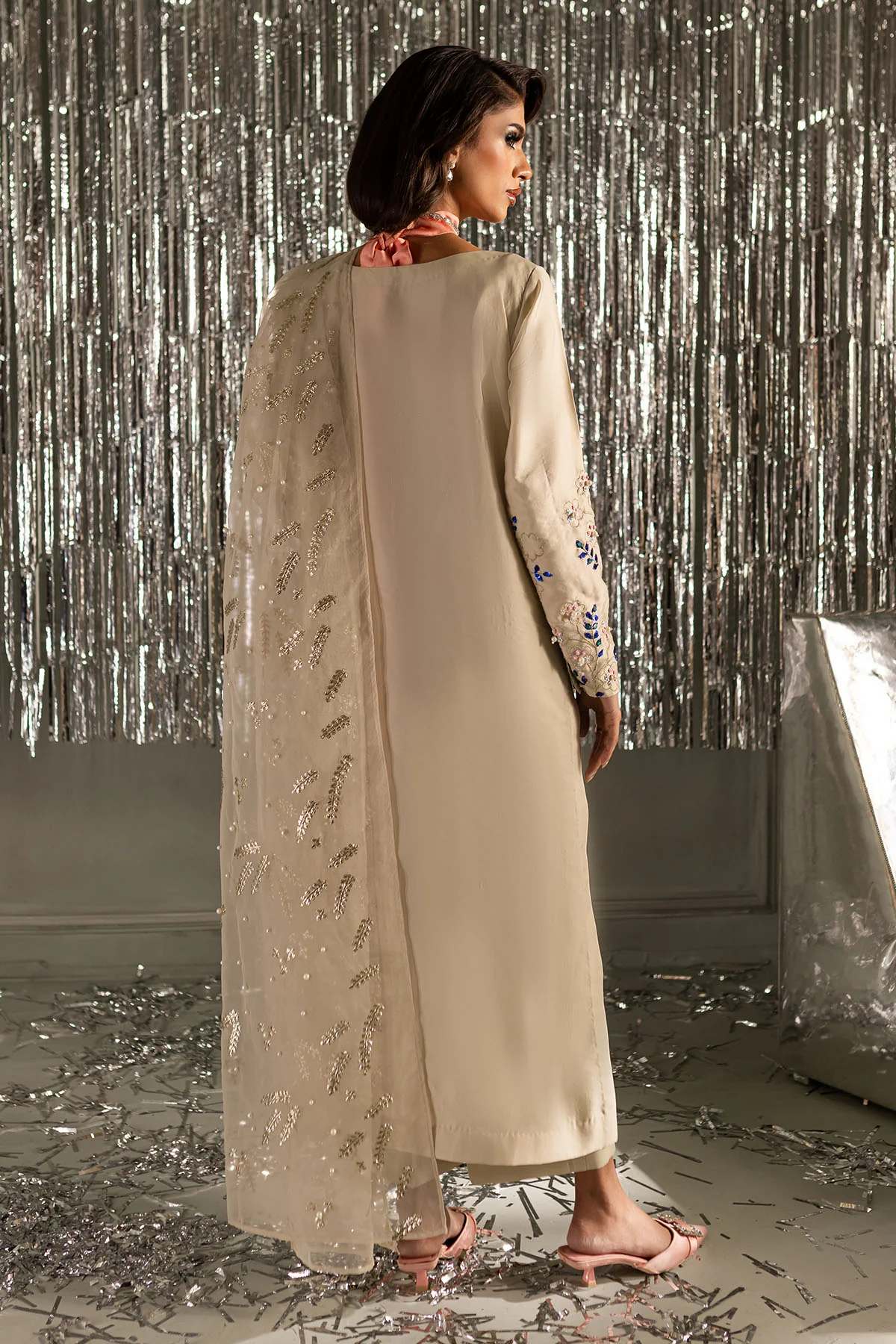 Beige Embroidered Lawn Suit for women with luxury Pakistani floral embroidery