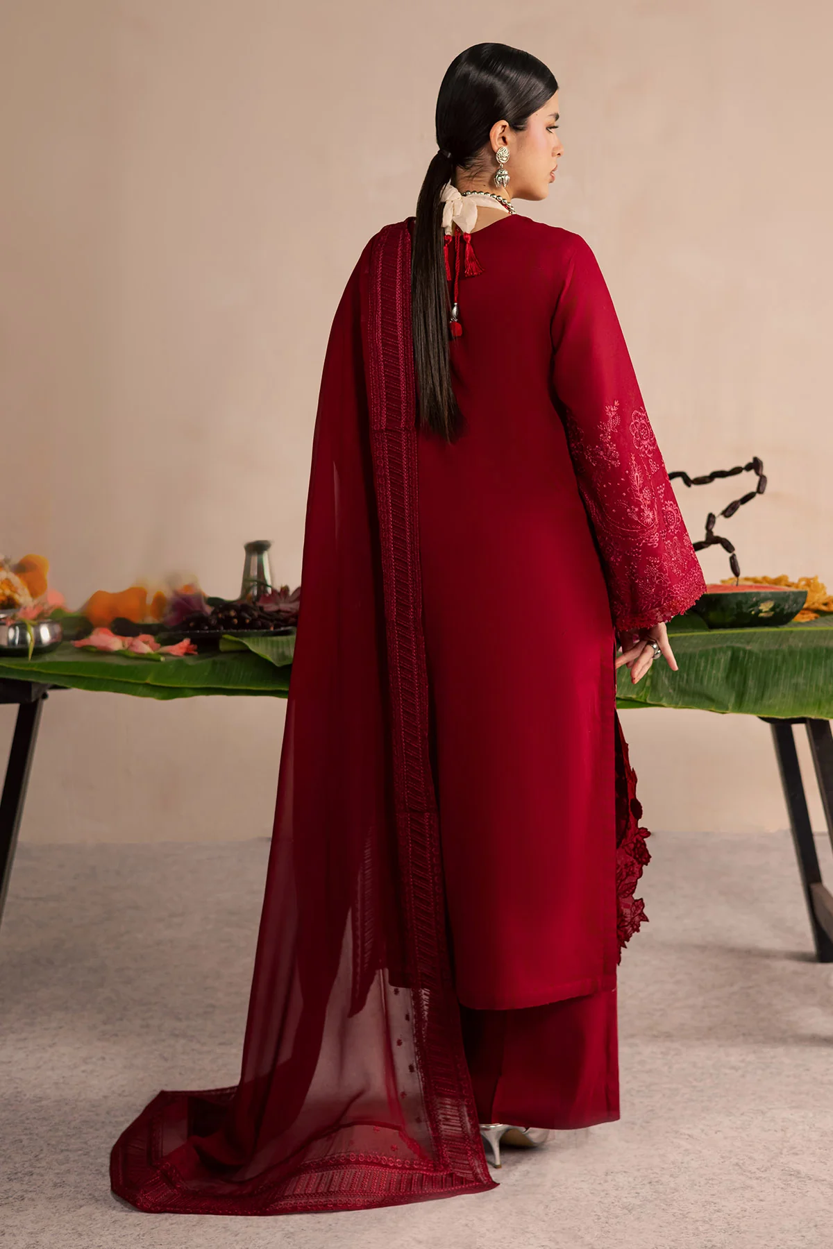Maroon Embroidered Lawn Suit for women with luxury Pakistani festive embroidery