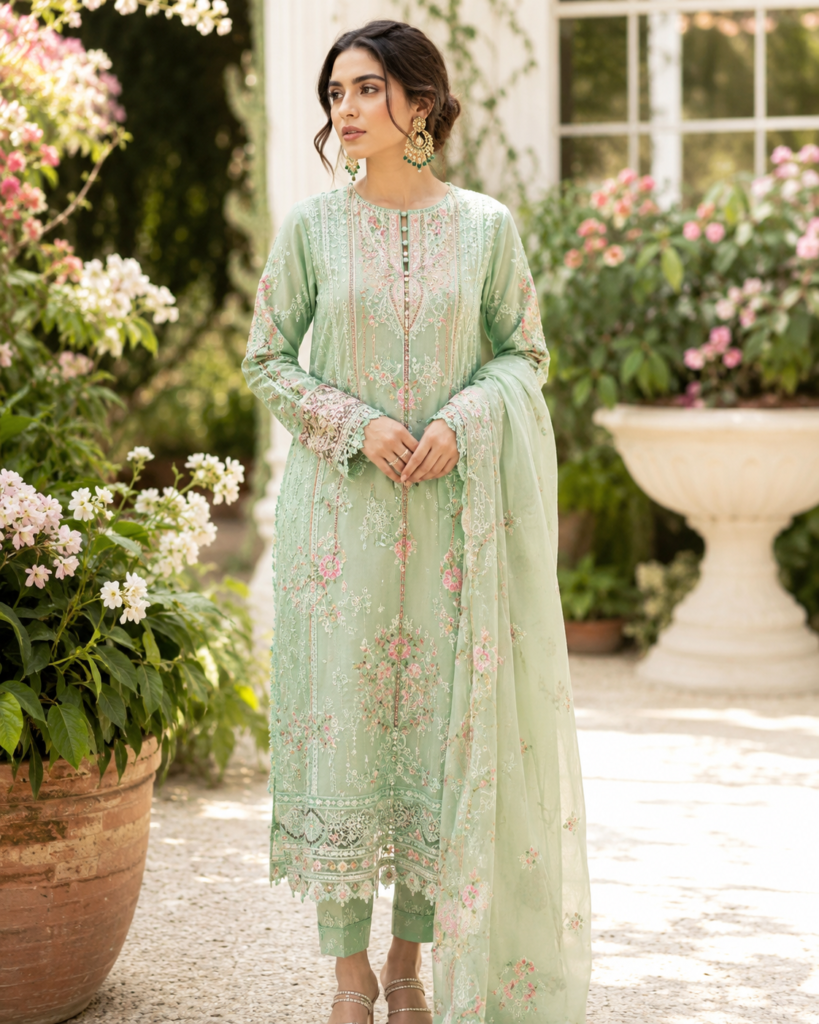 Woman styling Pakistani mint green lawn suit for summer — embroidered dupatta and casual look by Shanzayb