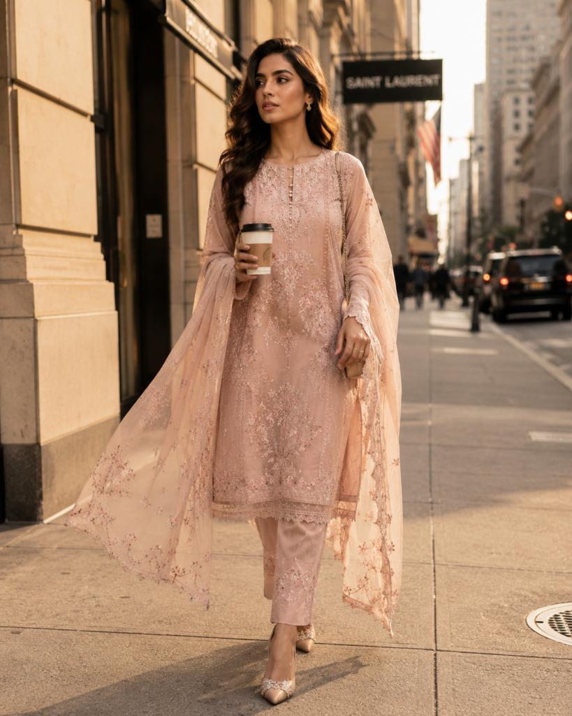 South Asian woman wearing Pakistani embroidered 3-piece suit in London — Shanzayb international fashion guide