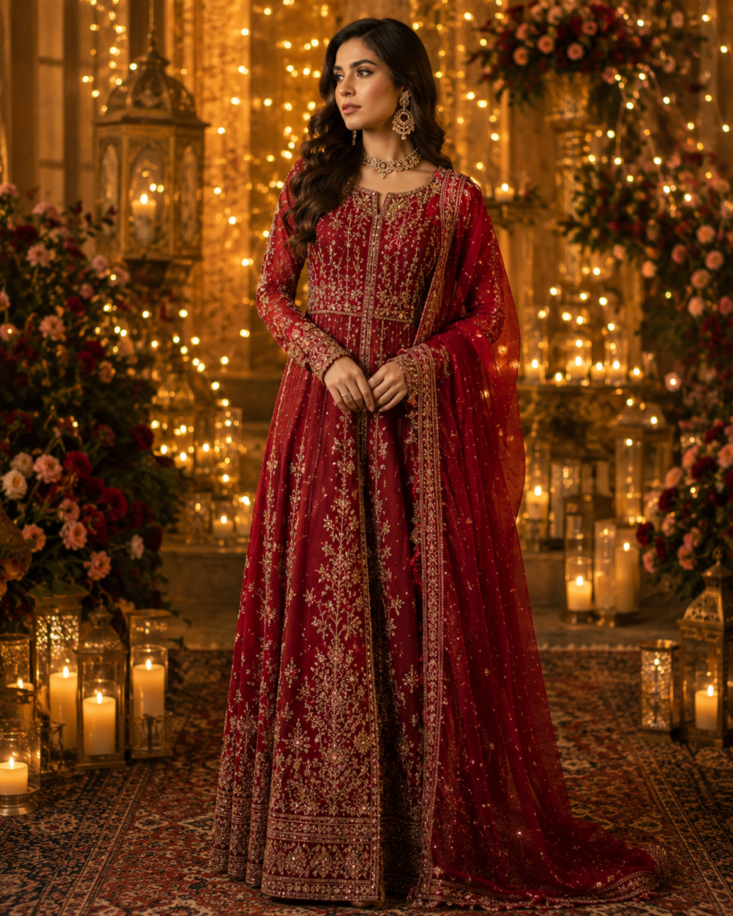 Pakistani Eid 2026 fashion — crimson red embroidered maxi dress with dupatta by Shanzayb