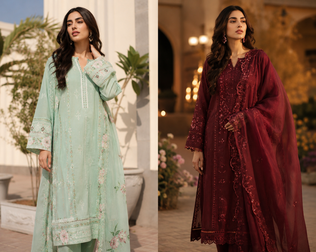 Side-by-side comparison of Pakistani lawn fabric suit and chiffon fabric suit