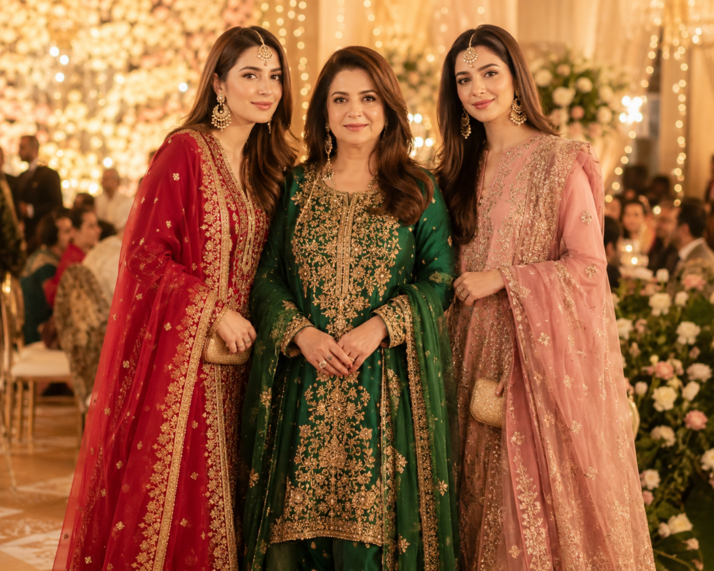 Pakistani embroidered 3-piece suits for weddings — crimson, emerald and blush pink with gold embroidery by Shanzayb