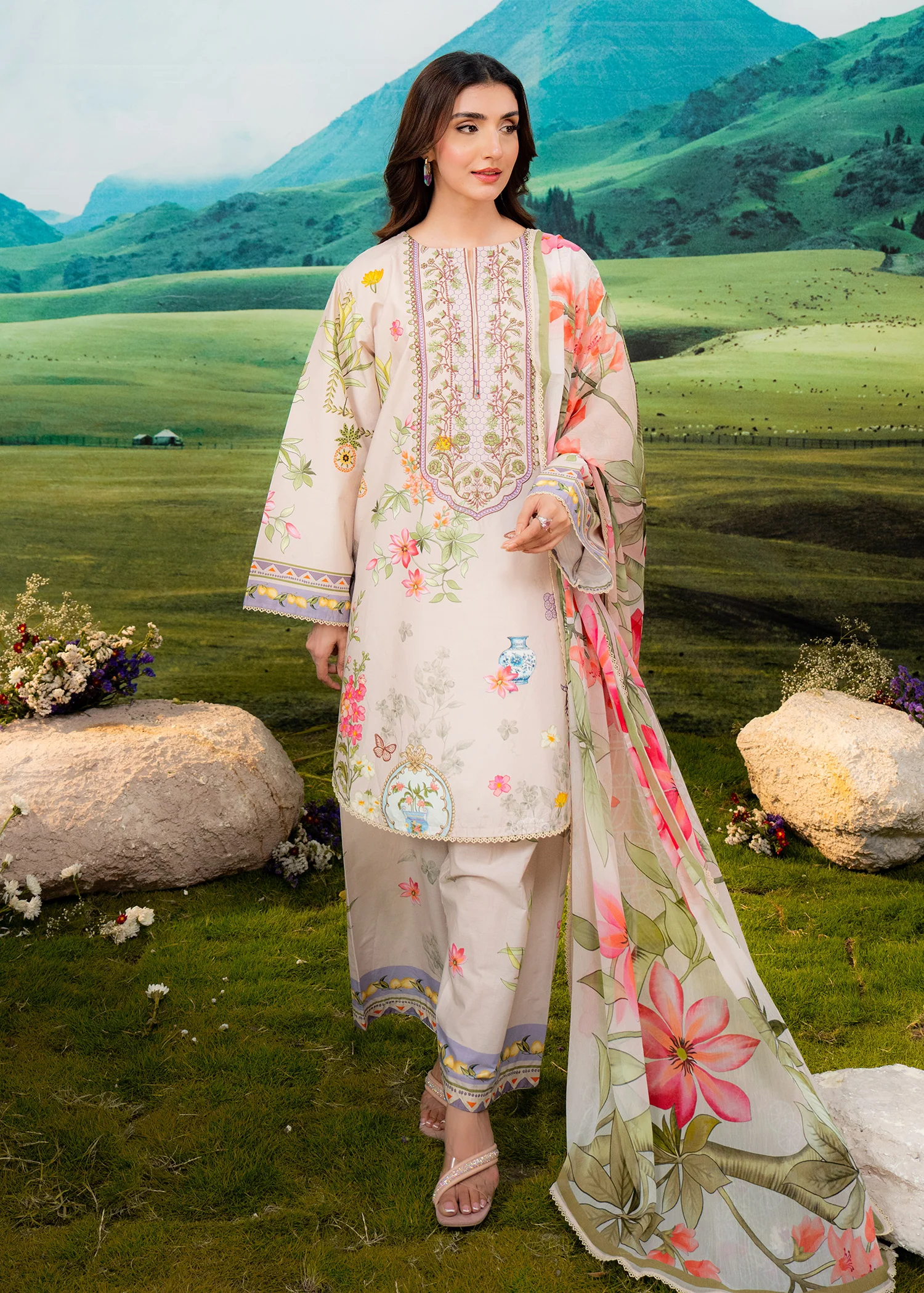 MEERAK floral printed 3 piece suit for women with matching printed dupatta and elegant pastel design