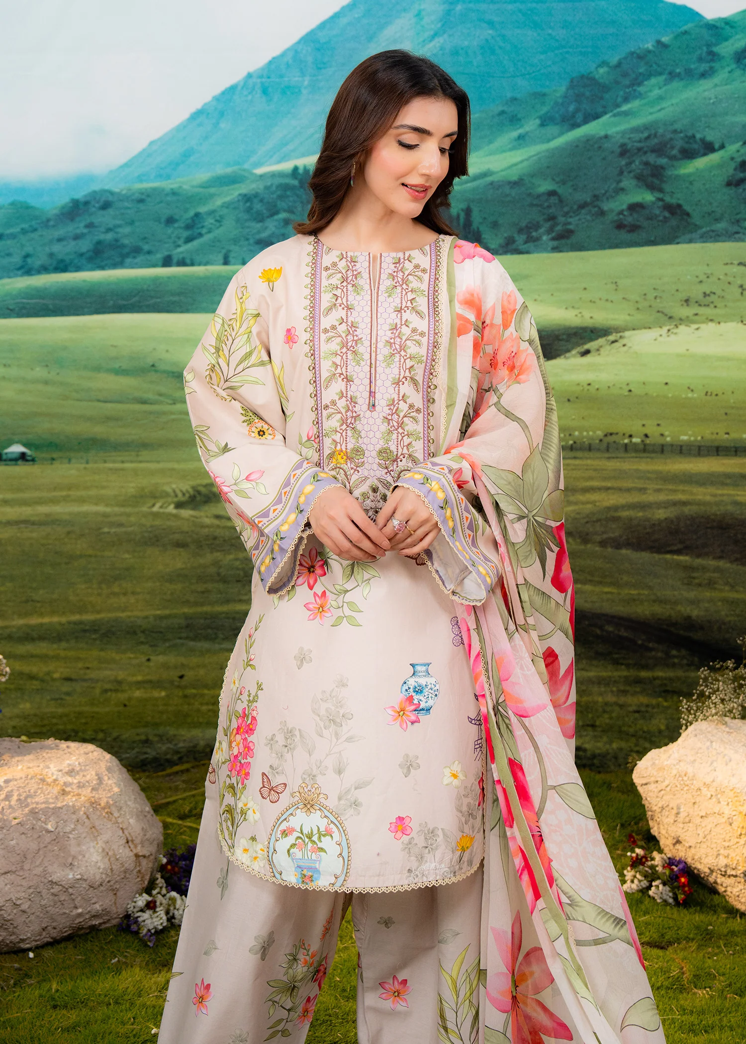 MEERAK floral printed 3 piece suit for women with matching printed dupatta and elegant pastel design