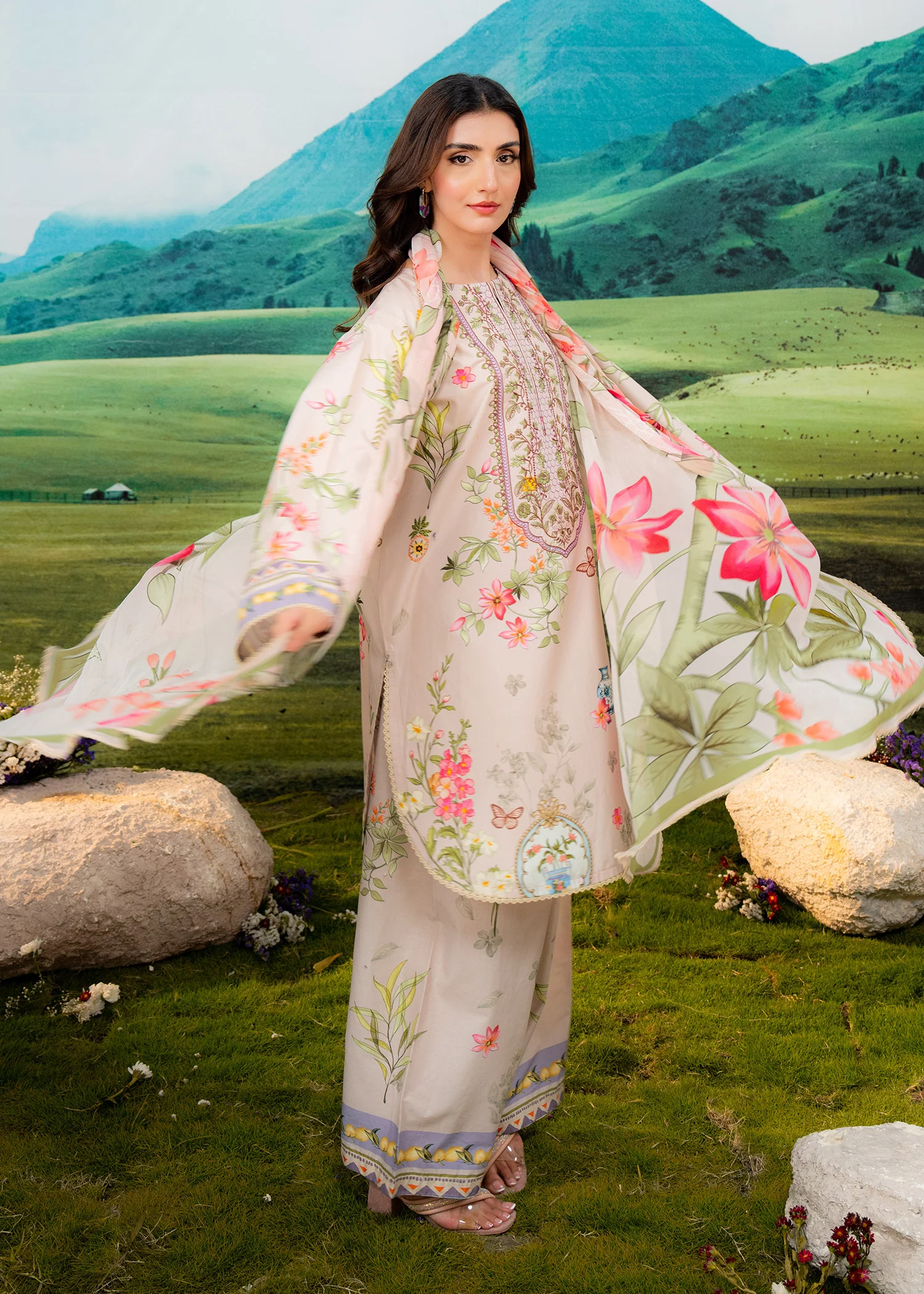 MEERAK floral printed 3 piece suit for women with matching printed dupatta and elegant pastel design