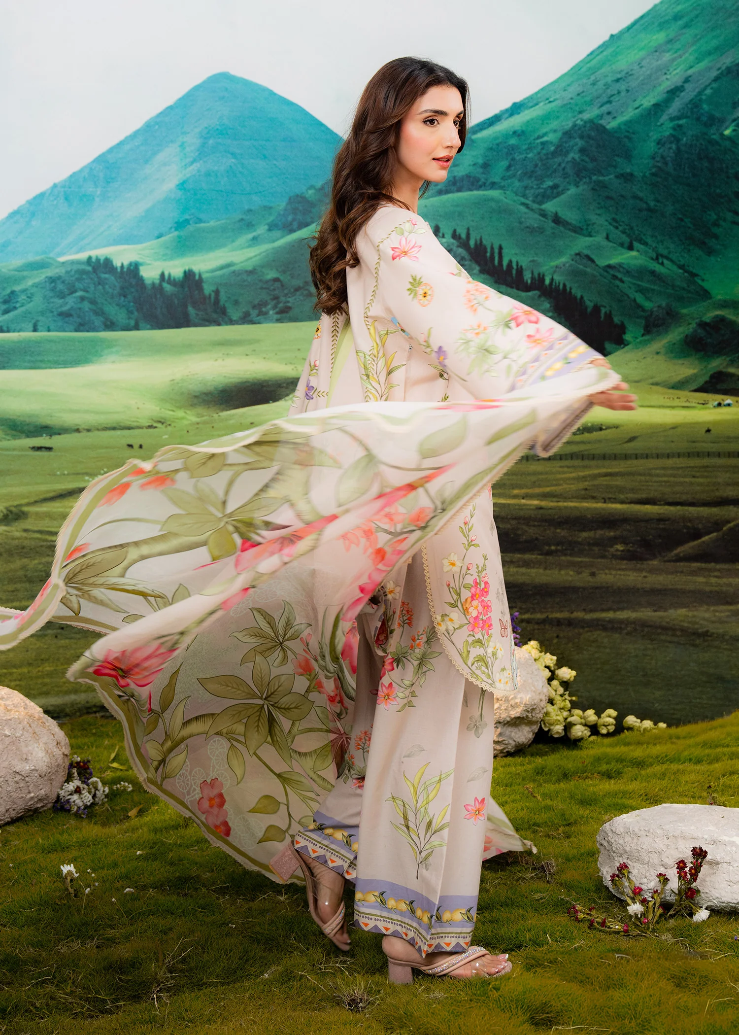 MEERAK floral printed 3 piece suit for women with matching printed dupatta and elegant pastel design