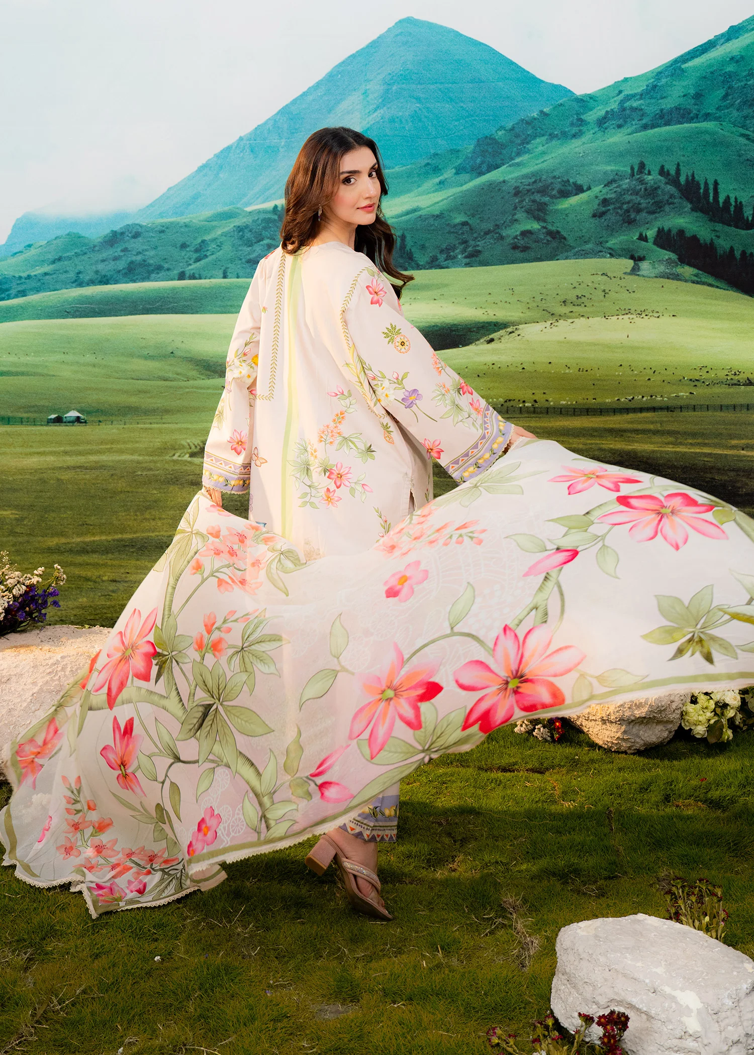 MEERAK floral printed 3 piece suit for women with matching printed dupatta and elegant pastel design