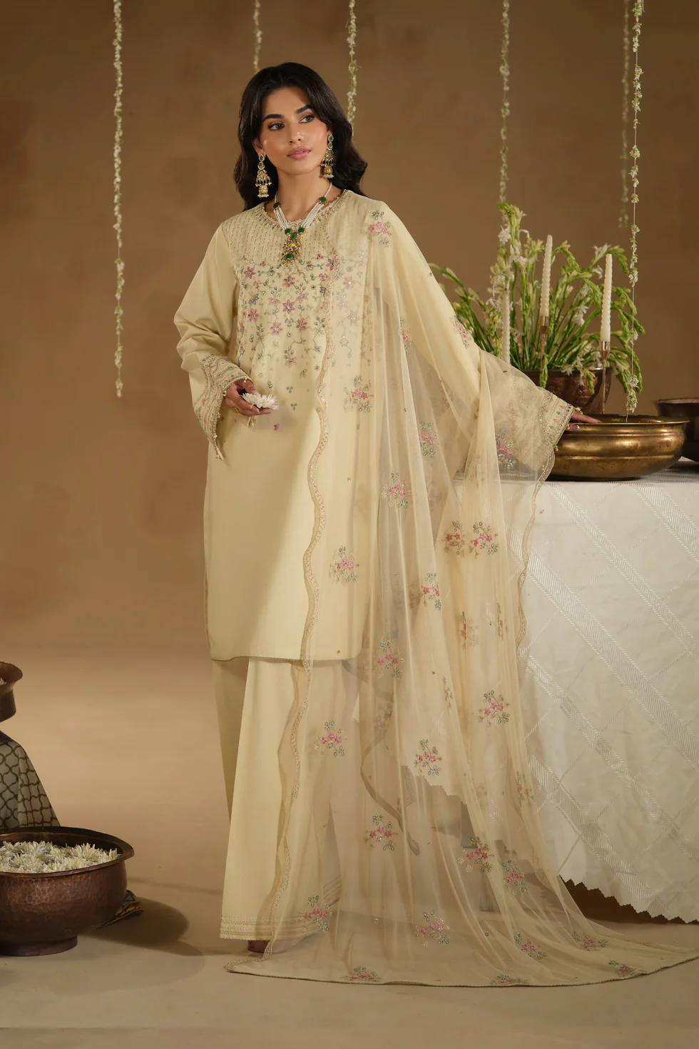 NAQSHI Cream Embroidered 3 Piece Suit featuring floral embroidery and embroidered dupatta for women