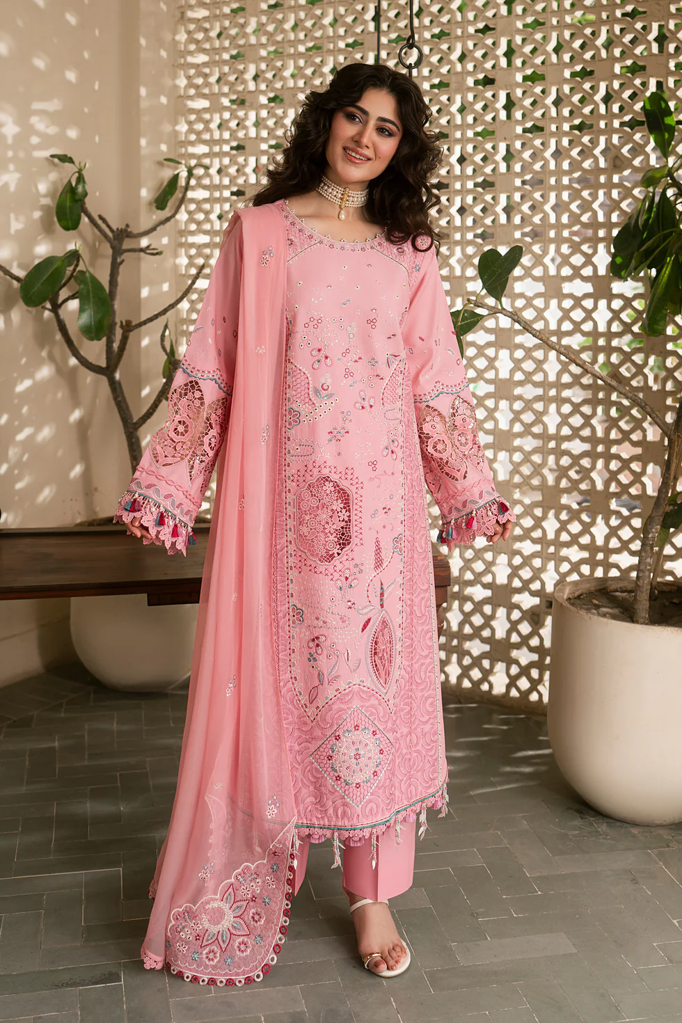 NAQSHI luxury pink embroidered 3 piece formal suit for women