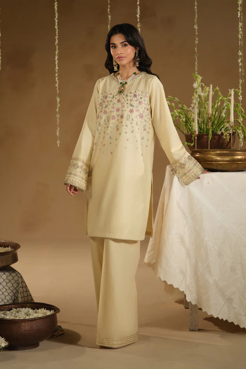 NAQSHI Cream Embroidered 3 Piece Suit featuring floral embroidery and embroidered dupatta for women