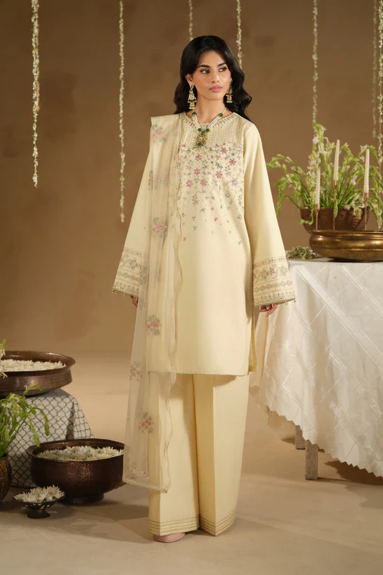 NAQSHI Cream Embroidered 3 Piece Suit featuring floral embroidery and embroidered dupatta for women