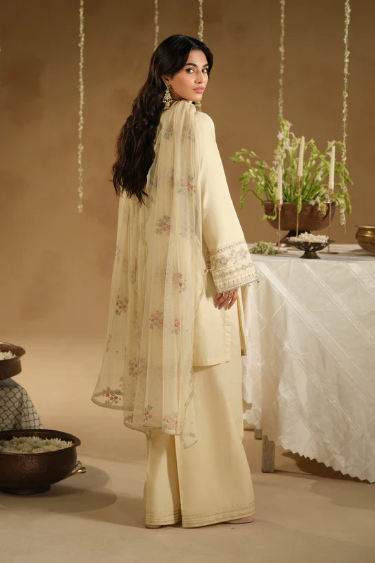 NAQSHI Cream Embroidered 3 Piece Suit featuring floral embroidery and embroidered dupatta for women