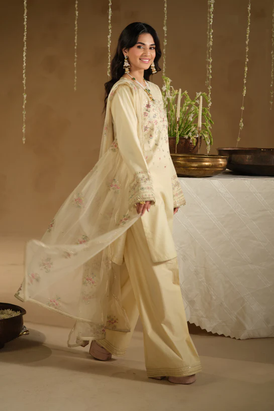 NAQSHI Cream Embroidered 3 Piece Suit featuring floral embroidery and embroidered dupatta for women