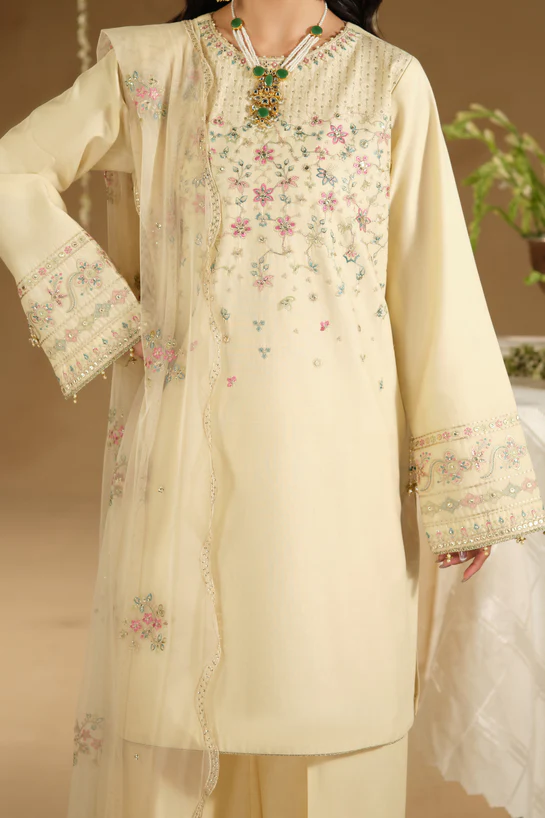 NAQSHI Cream Embroidered 3 Piece Suit featuring floral embroidery and embroidered dupatta for women