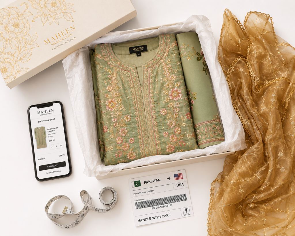 How to buy Pakistani clothes online — embroidered lawn suit in gift box ready for international shipping by Shanzayb
