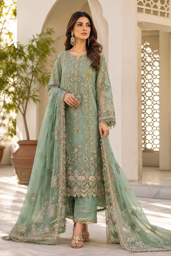 Pakistani clothes for women featuring an embroidered 3-piece suit with chiffon dupatta in a modern fashion editorial style.