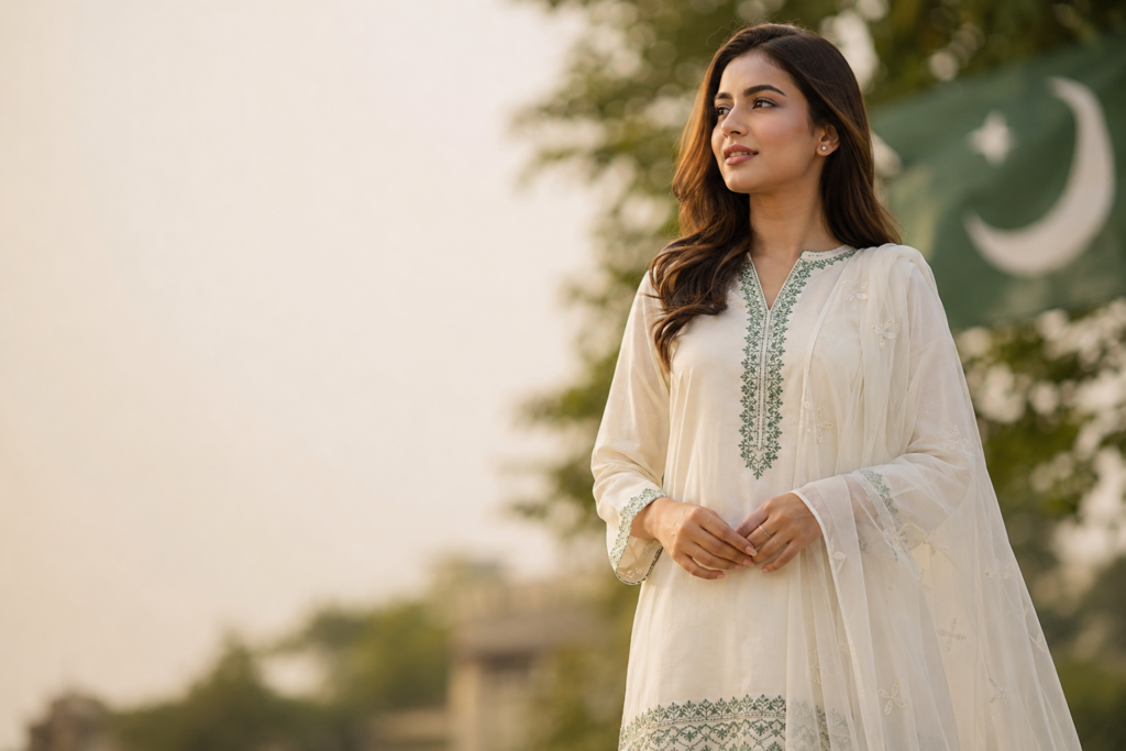 Woman wearing ivory and green Pakistani lawn suit styled for 14 August Independence Day