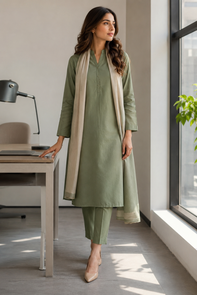 Woman wearing a sage green long kurta and tailored trousers as Pakistani office wear, styled for a professional workplace setting