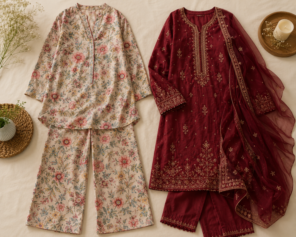 "Co-ord set and embroidered 3-piece suit compared side by side for Pakistani pret styling guide