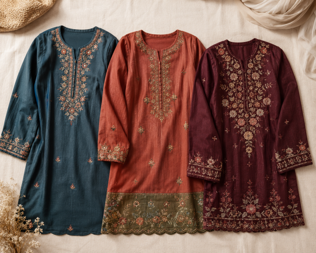 Three long embroidered kurtas in teal, rust, and maroon styled for office, casual, and festive wear