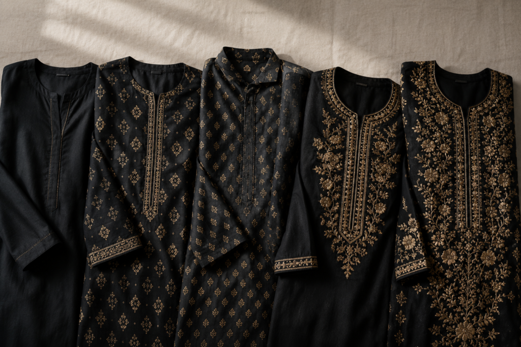 Five black kurtas styled for office, casual, semi-formal, and festive occasions