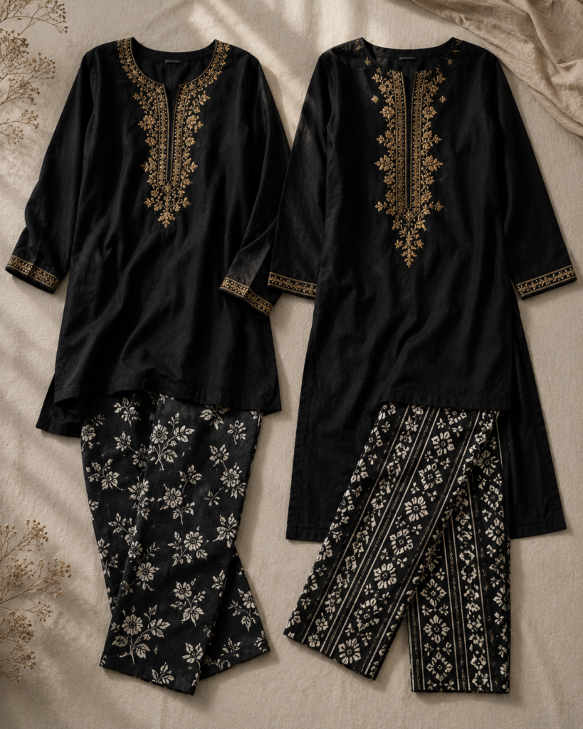 Two new black embroidered kurta sets with hand block-printed trousers from Shanzay B