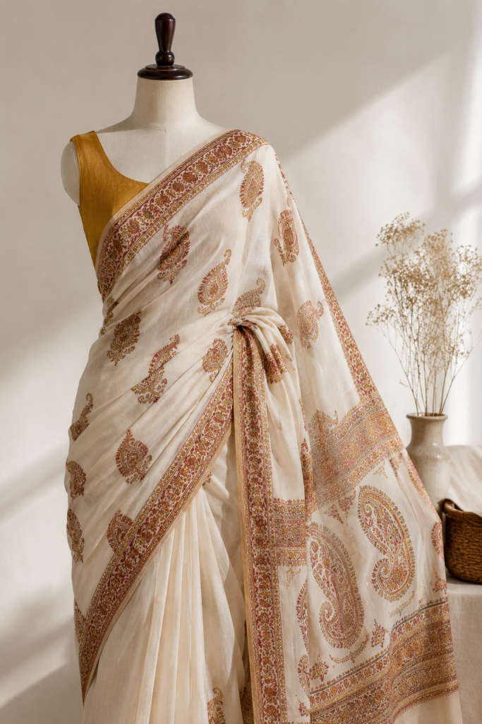 Ivory paisley block-print saree with mustard blouse, styled for a saree buying guide